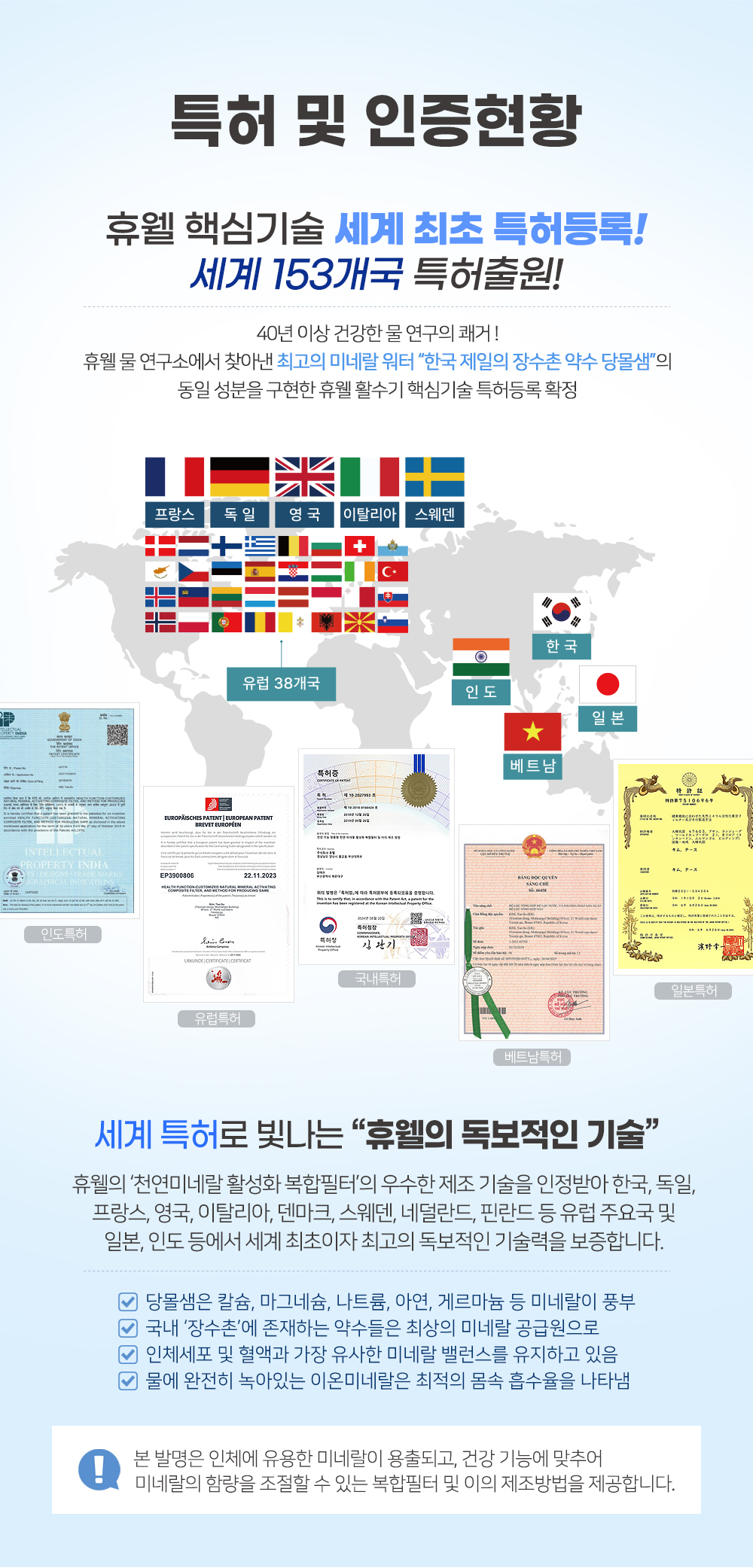 정수기특허/휴웰특허/휴웰직수기특허/직수형 정수기 특허/필터특허/휴웰복합필터세계특허/정수기필터 세계특허/특허받은 필터