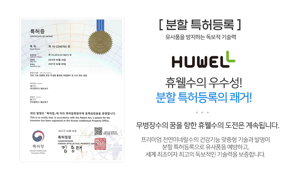 휴웰 직수형 정수기 필터 분할특허등록
